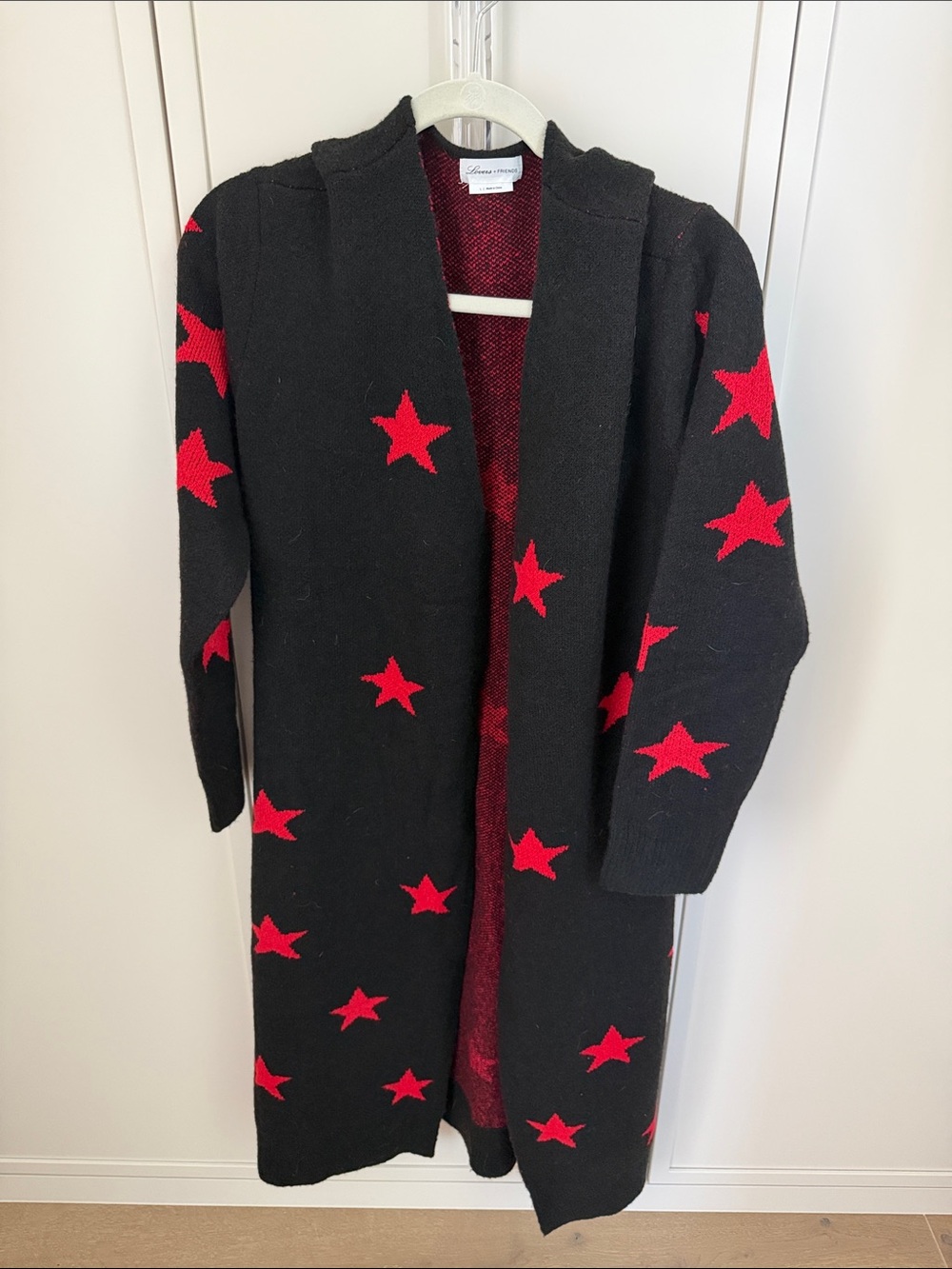 Lovers + Friends Black Open Cardigan with Red Star Print